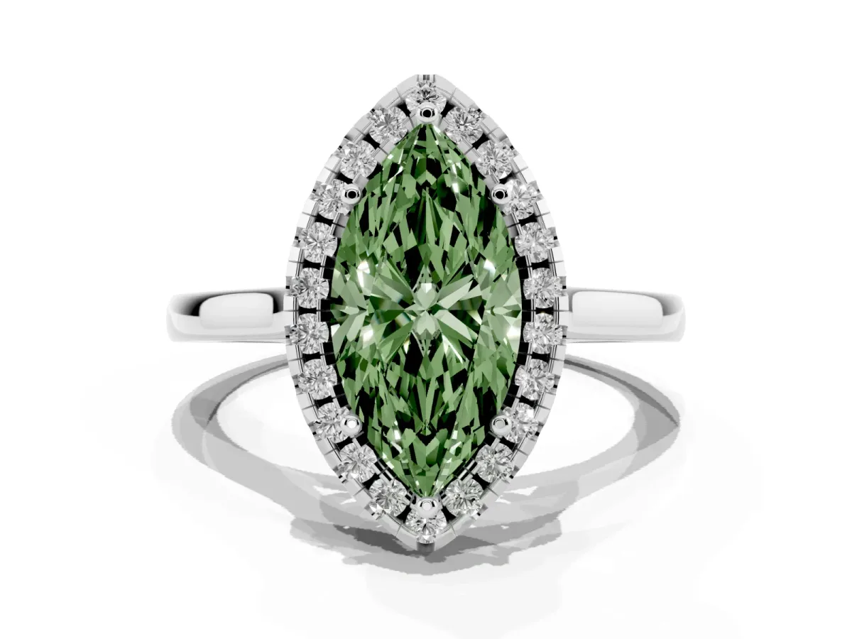 Fancy Green Marquise Cut Halo Round Diamond Solitaire Ring with Pavé Band and Four-Prong Setting White gold