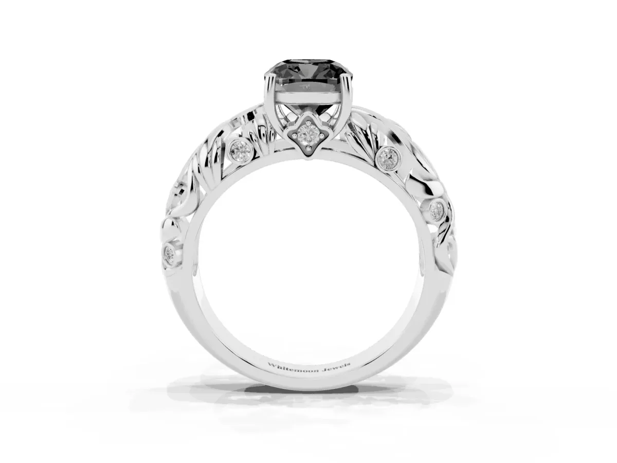 Fancy Black Cushion Cut Solitaire Diamond Leaf-Inspired Vine Band Ring with Prong Setting Silver