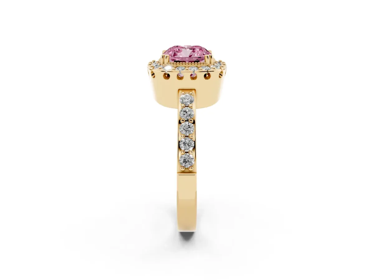 Fancy Pink Cushion Cut Diamond Halo Ring with Pavé Band and Prong Setting Yellow gold
