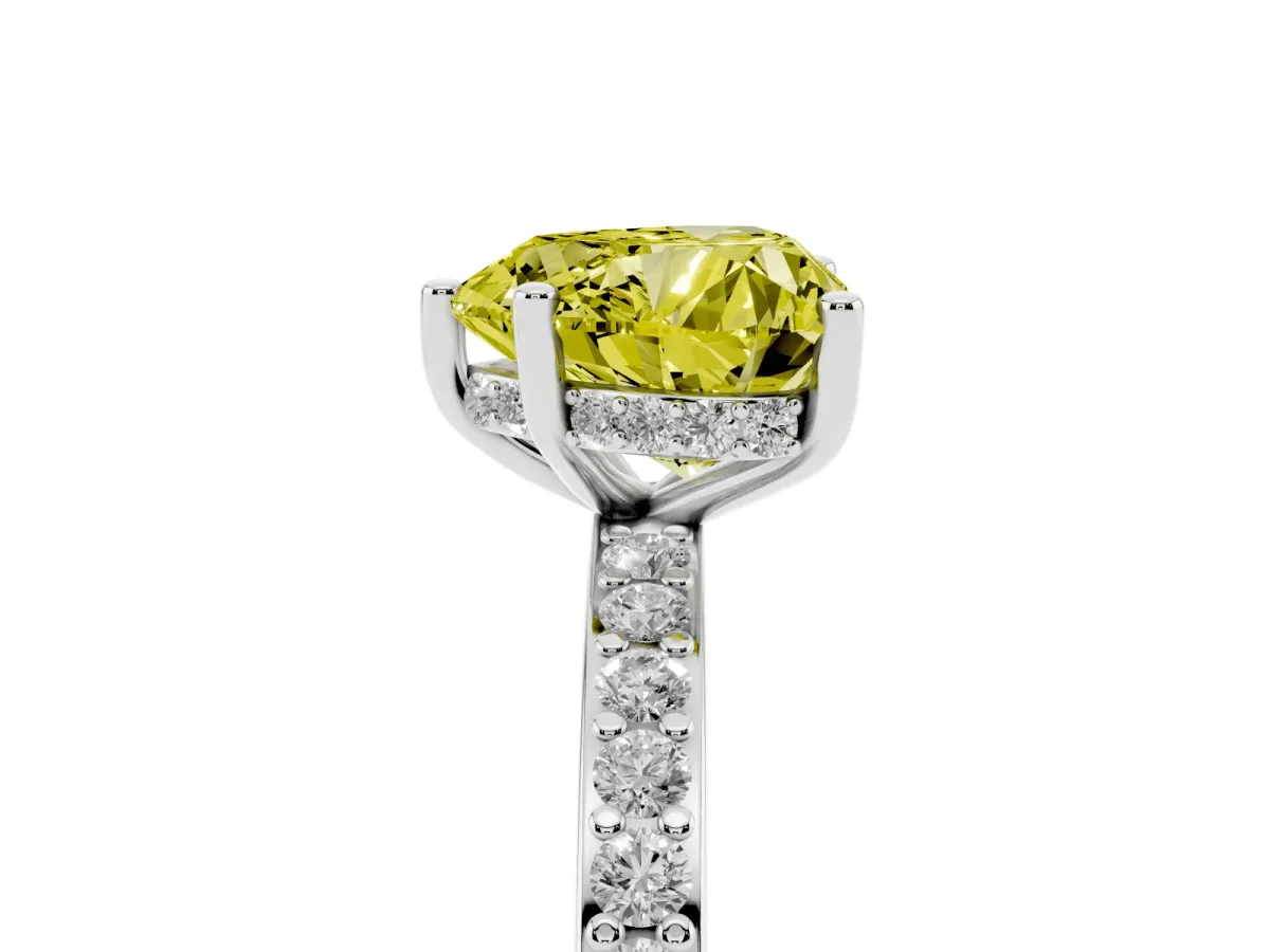 Fancy Yellow Heart Cut Cut Diamond Pavé Band Ring with Four-Prong Setting Silver