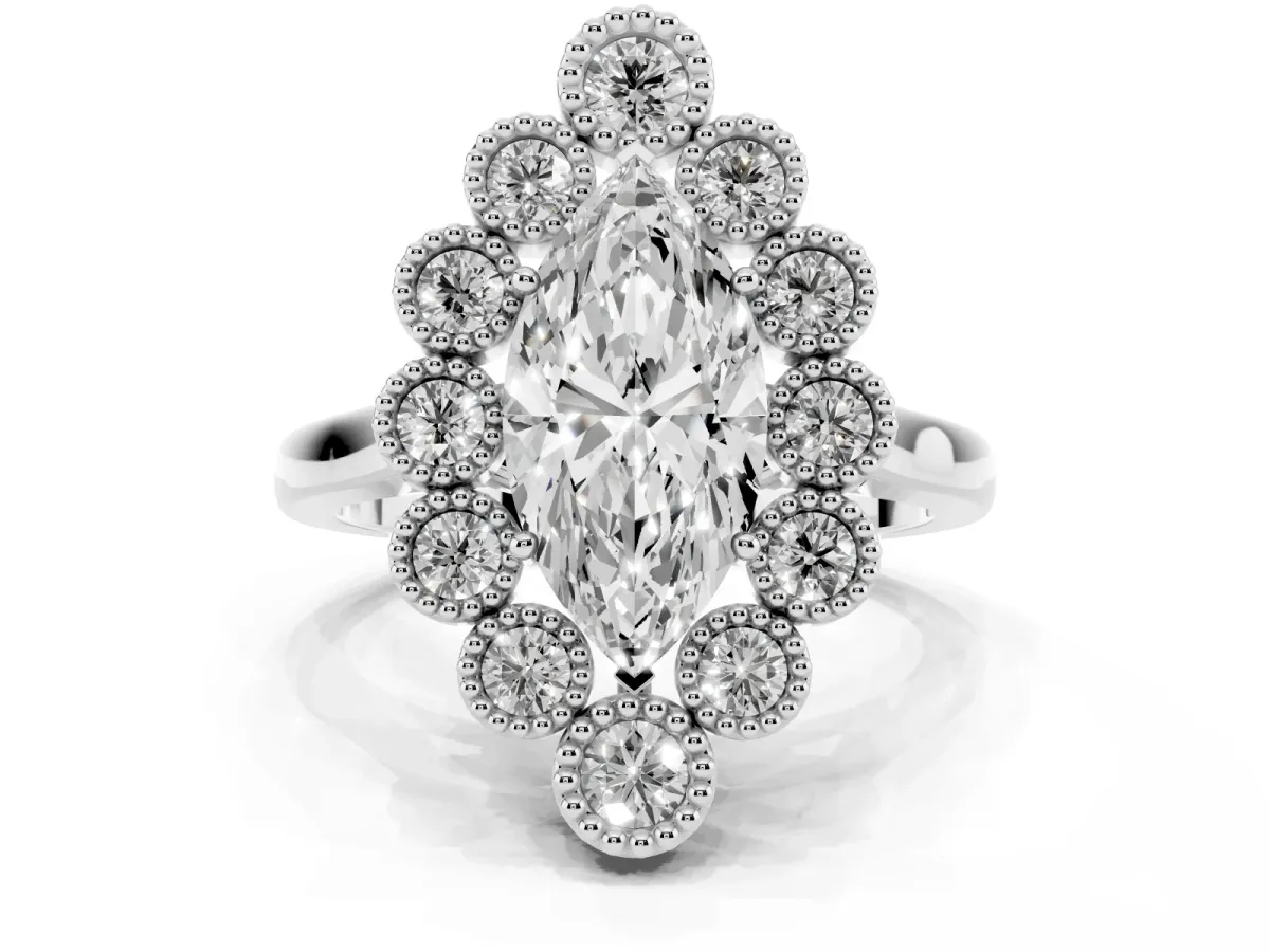 Marquise Cut Halo Diamond Cluster Engagement Ring with Milgrain Bezel Setting and Solitaire Band White gold