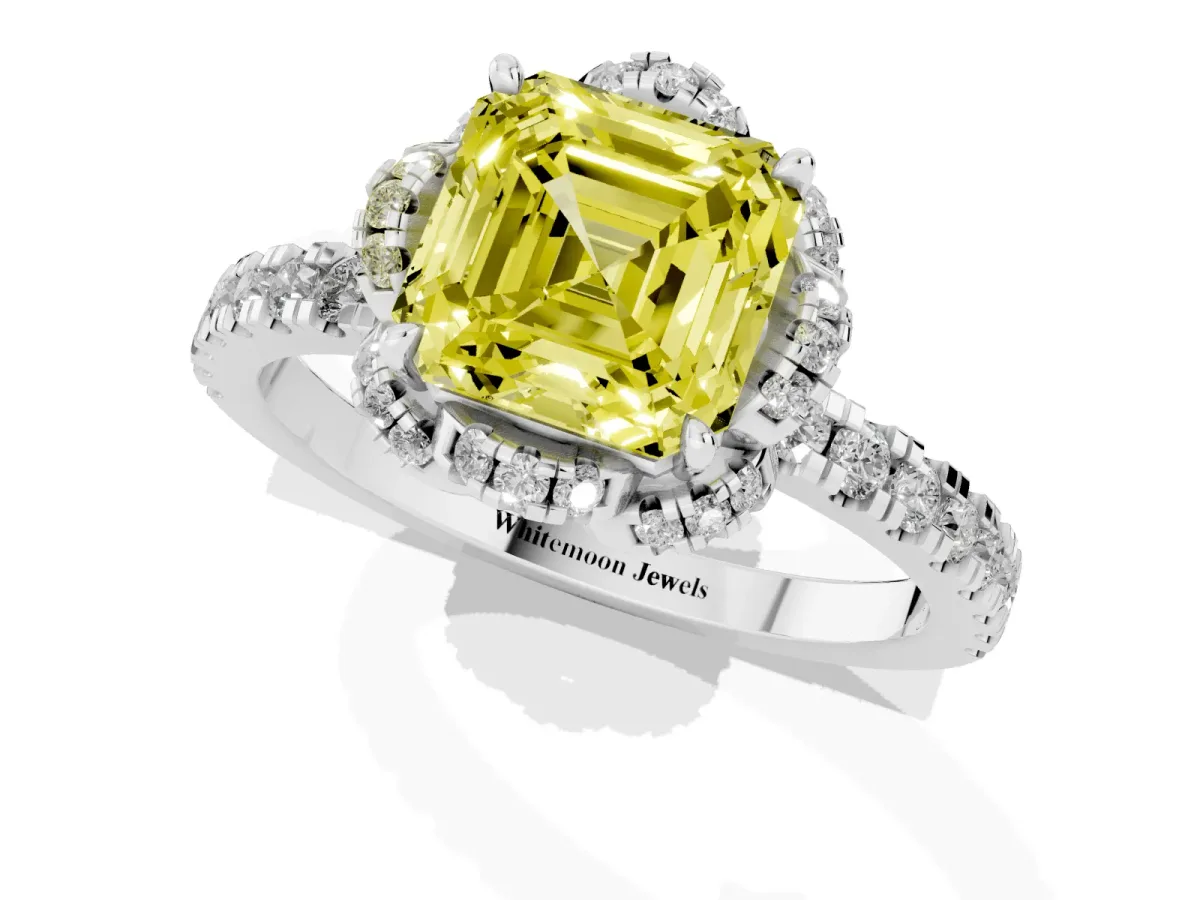 Fancy Yellow Asscher Cut Diamond Halo Pave Band with Four-Prong Setting Platinum