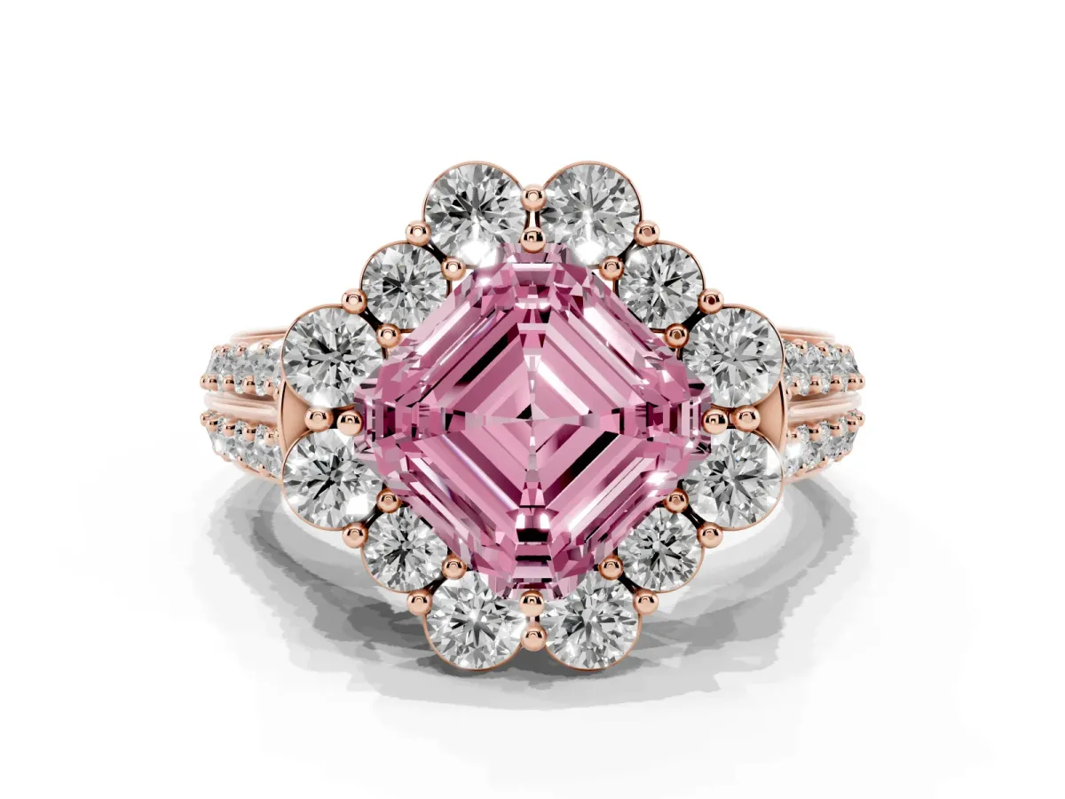 Fancy Pink Asscher Cut Halo Diamond Engagement Ring with Split Shank and Prong Setting Rose gold