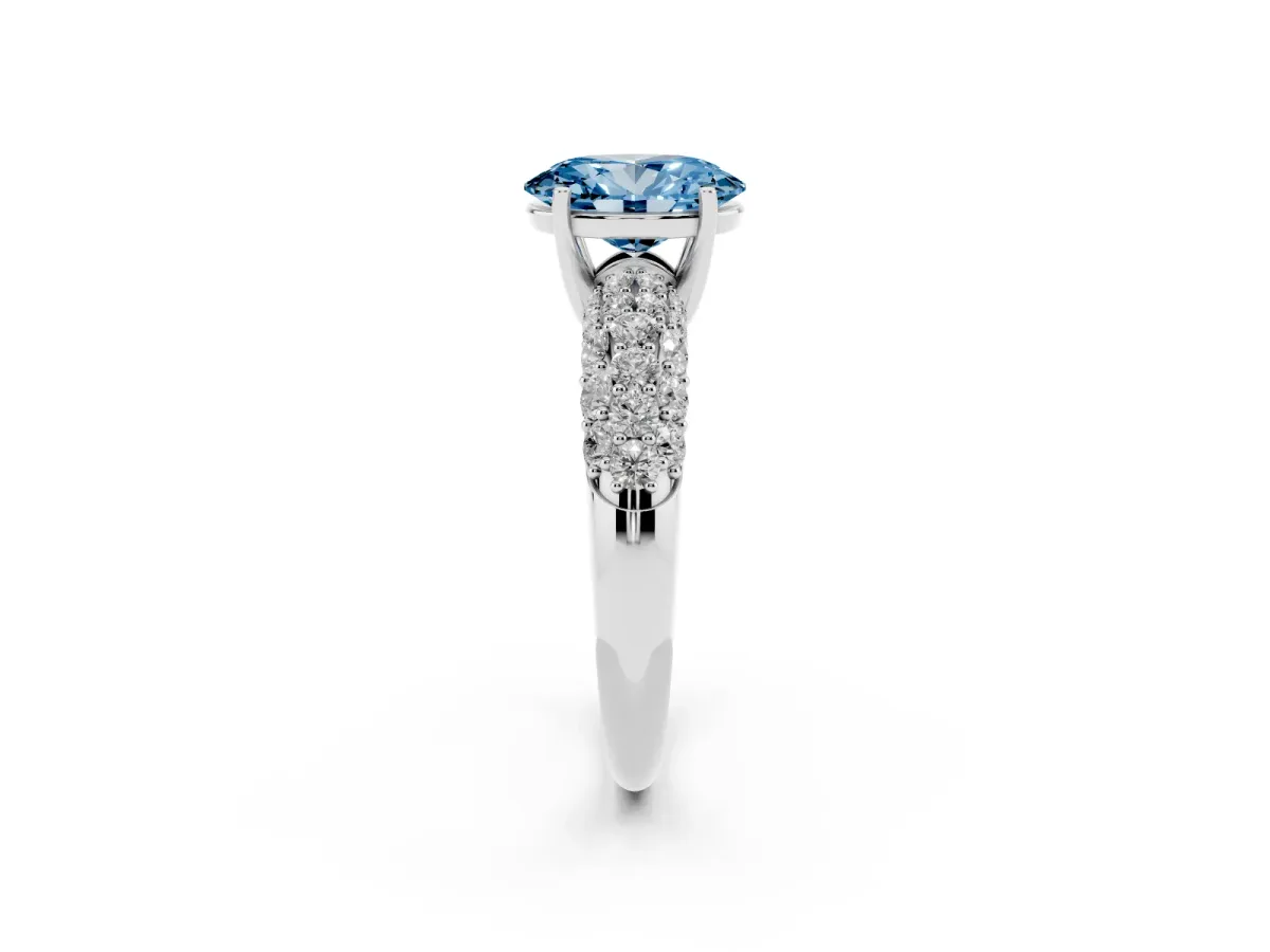 Fancy Blue Oval Cut Diamond Pavé Band Solitaire Ring with Four-Prong Setting Silver