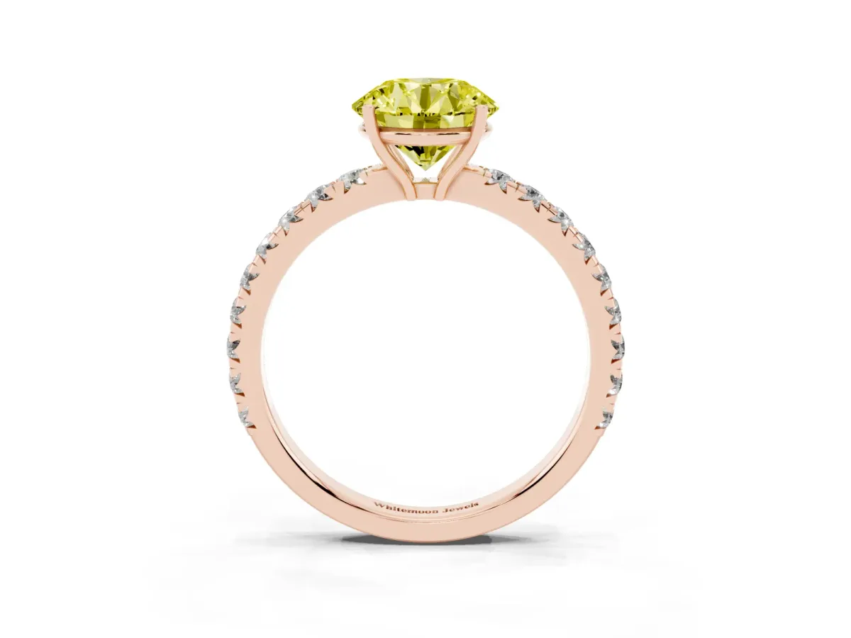 Fancy Yellow Round Cut Diamond Pavé Solitaire Engagement Ring with Four-Prong Setting Rose gold