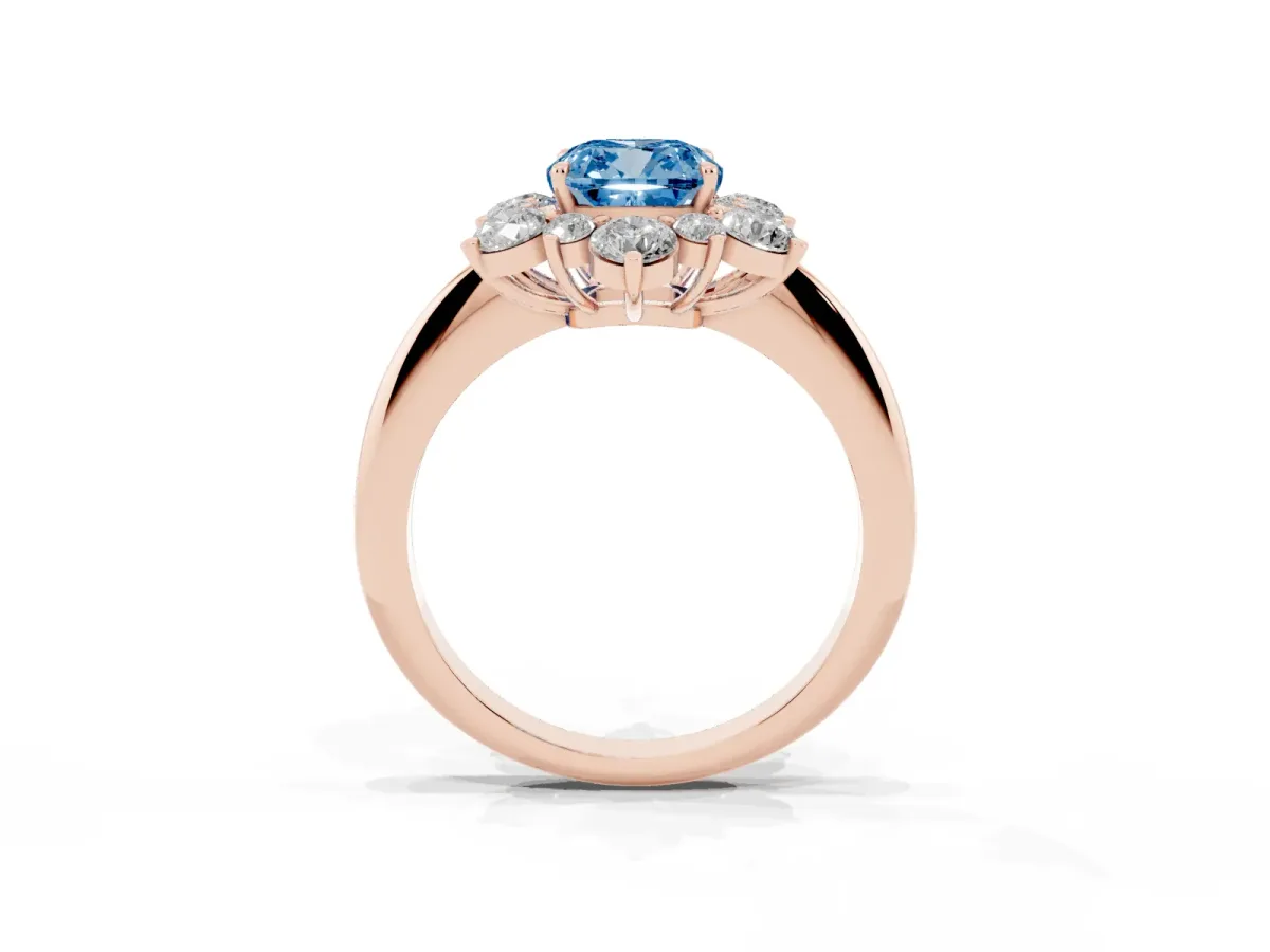 Fancy Blue Cushion Cut Diamond Cluster Halo Ring with Solitaire Band and Four-Prong Setting Rose gold