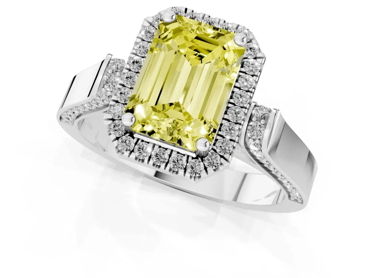 Fancy Yellow Emerald Cut Halo Pave Split Shank Prong Setting Ring Platinum