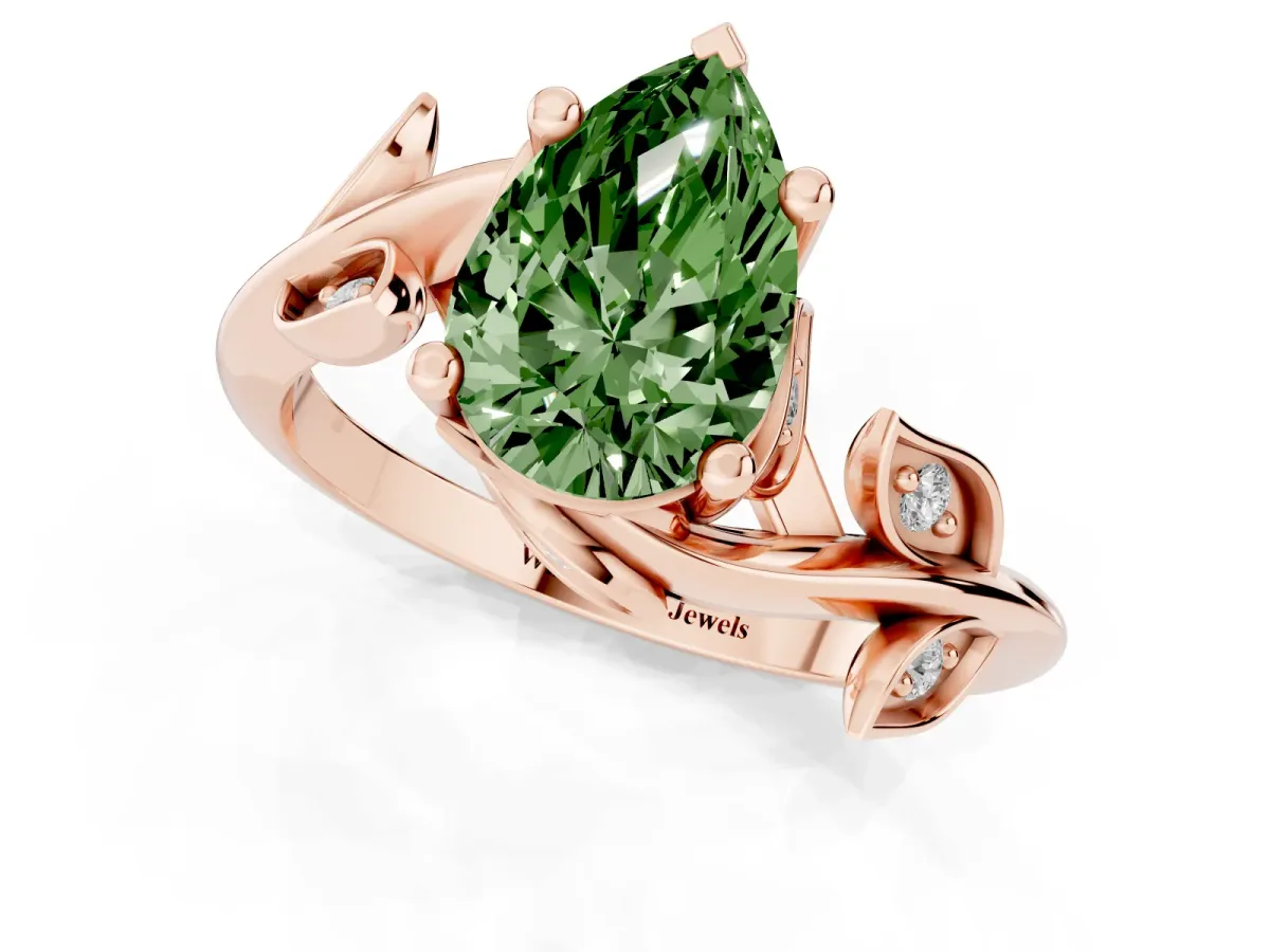 Fancy Green Pear Cut Solitaire Twist Engagement Ring with Leaf Accents and Prong Setting Rose gold