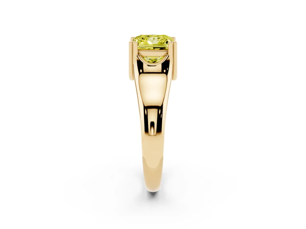 Fancy Yellow Princess Cut Diamond Solitaire Ring with Wide Band and Prong Setting Yellow gold