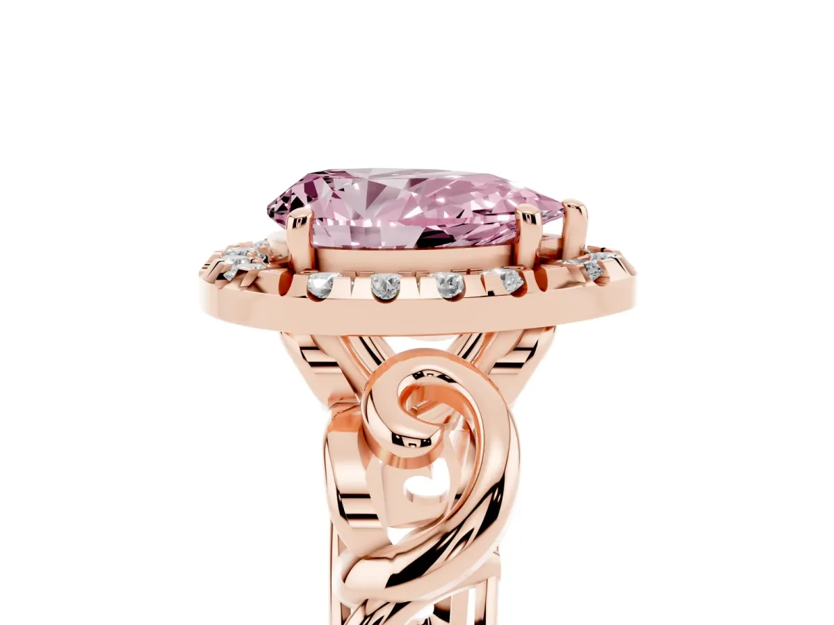 Fancy Pink Pear Cut Cut Halo Diamond Ring with Scrollwork Band and Four-Prong Setting Rose gold