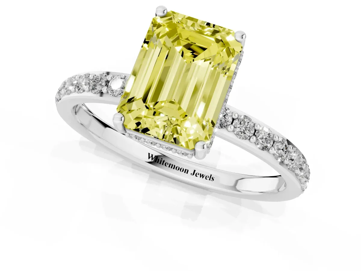 Fancy Yellow Emerald Cut Diamond Solitaire Ring with Pavé Band and Hidden Halo White gold