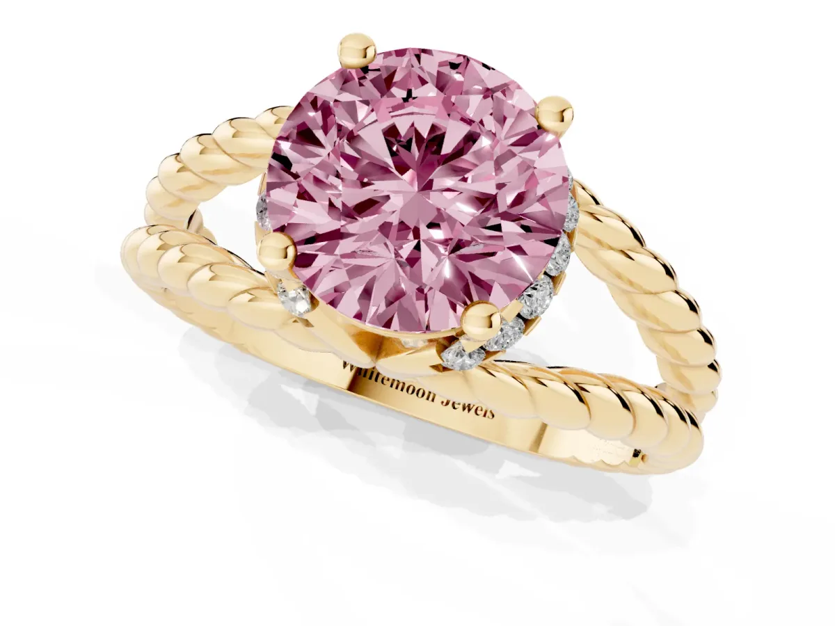 Fancy Pink Round Cut Halo Twisted Band Four-Prong Ring Yellow gold