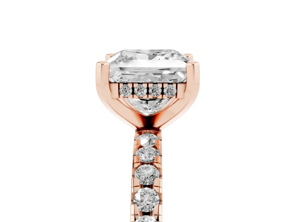 Princess Cut Diamond Solitaire Ring with Round Pavé Band and Four-Prong Setting Rose gold
