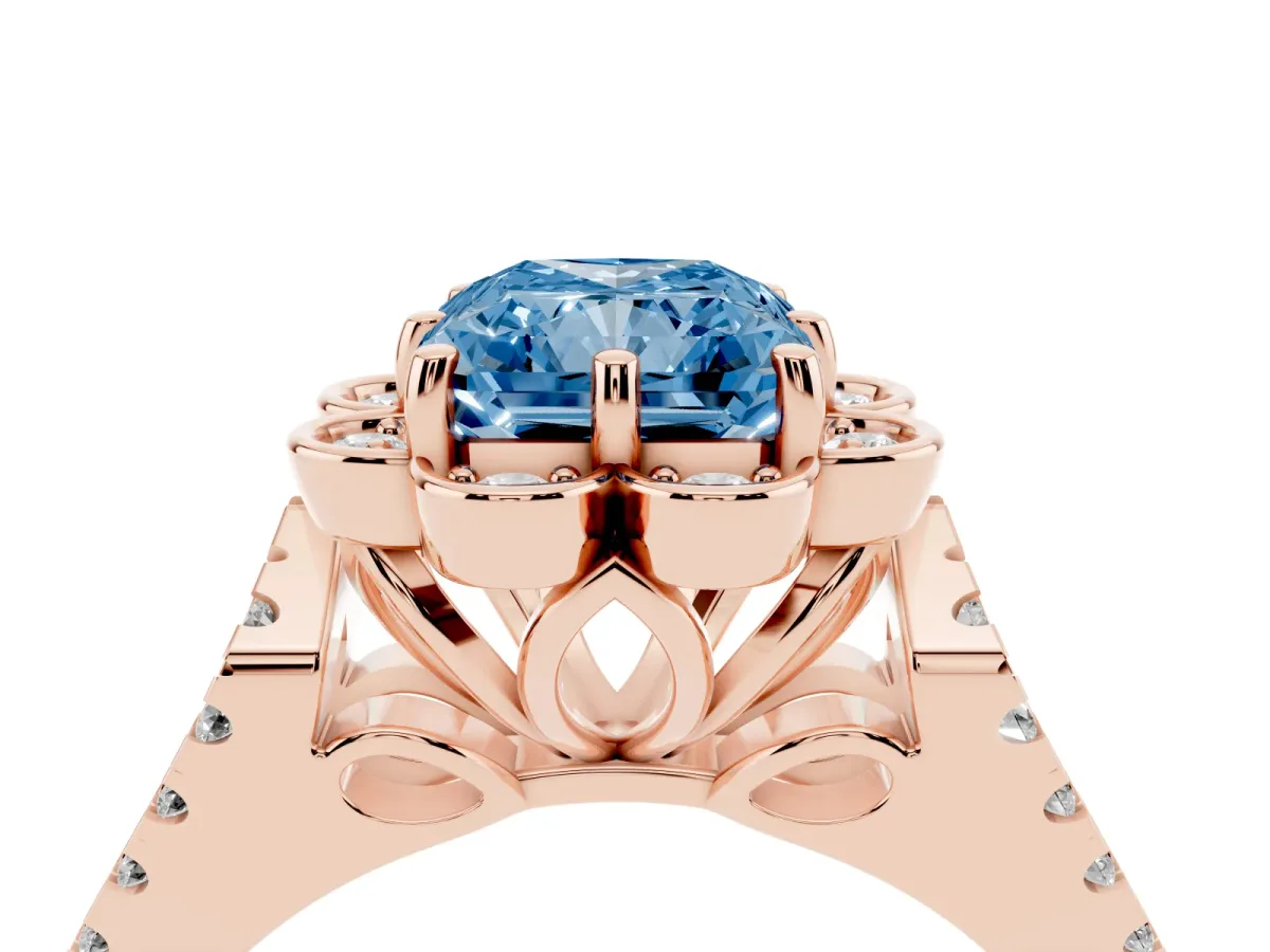 Fancy Blue Radiant Cut Halo Diamond Floral Split Shank Engagement Ring Rose gold