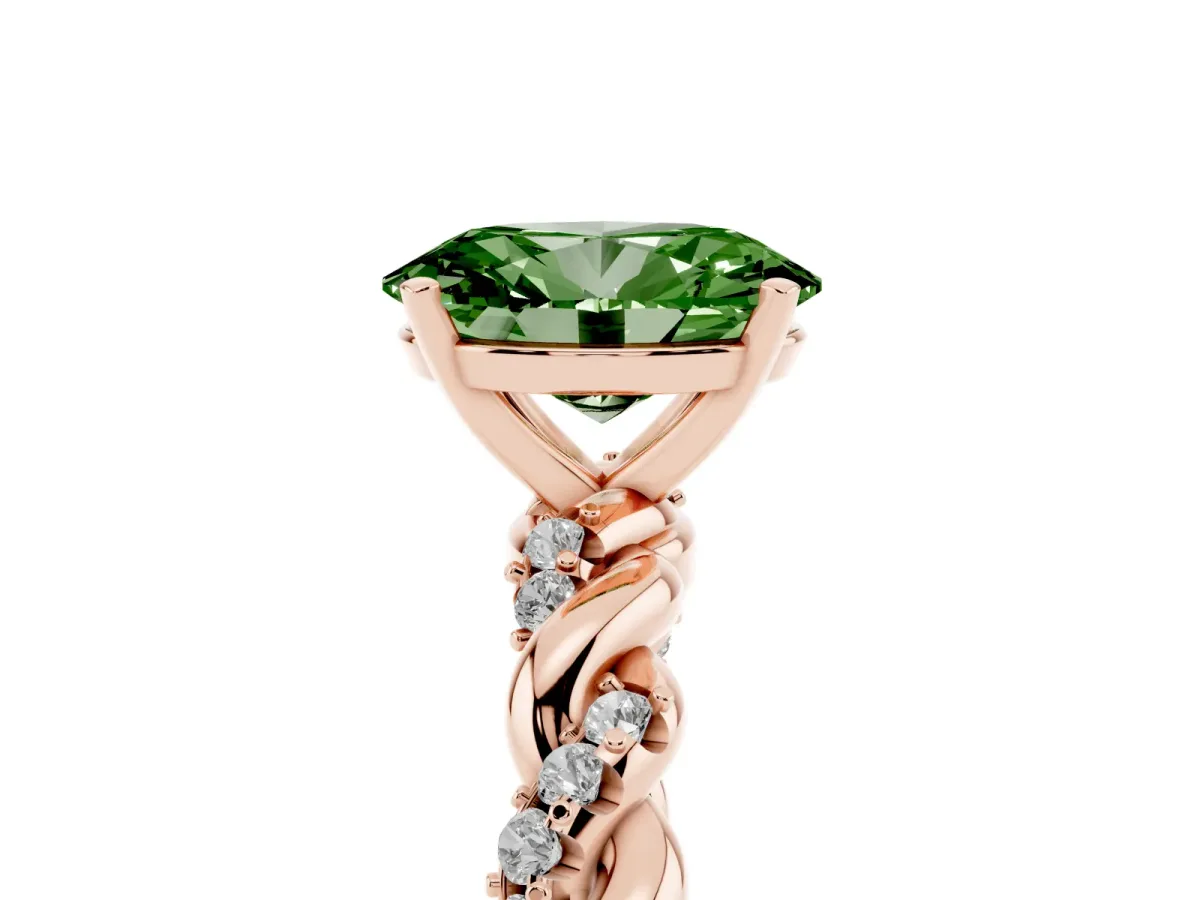 Fancy Green Oval Cut Diamond Solitaire Ring with Twisted Band and Pavé Accents Rose gold