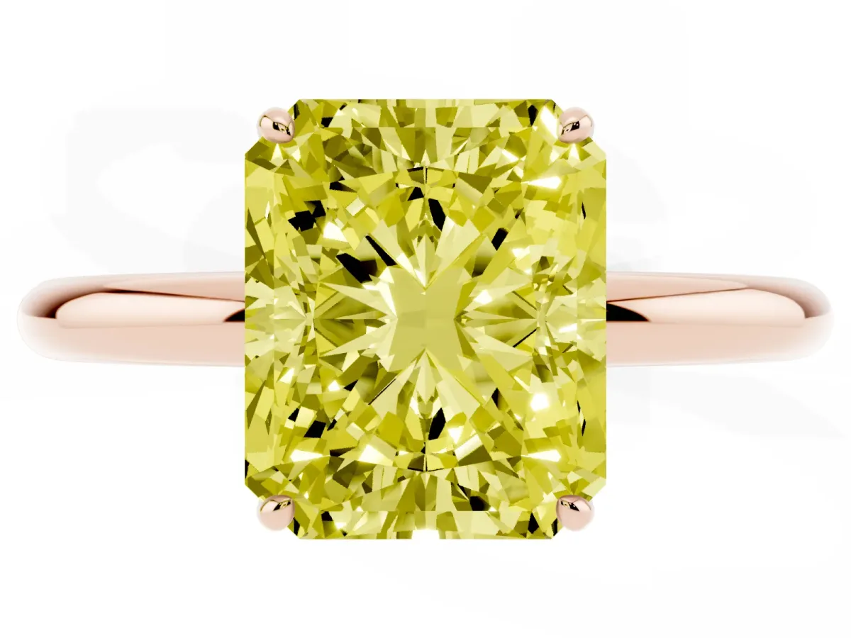 Fancy Yellow Radiant Cut Solitaire Diamond Ring with Four-Prong Setting on a Plain Band Rose gold