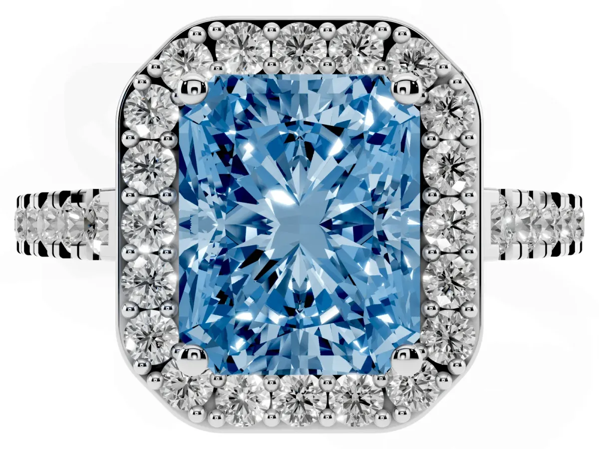 Fancy Blue Radiant Cut Diamond Halo Ring with Round Pavé Split Shank and Prong Setting Silver