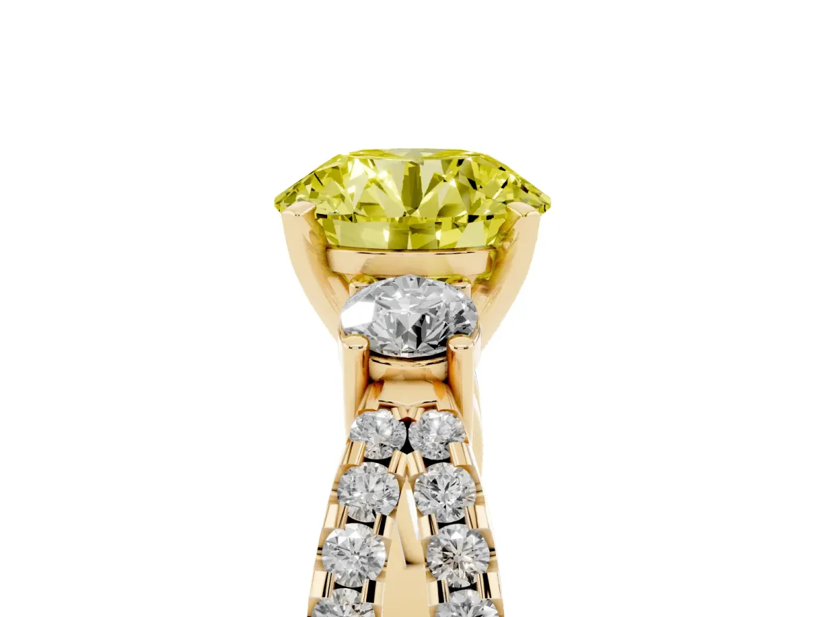 Fancy Yellow Round Cut Diamond Three-Stone Ring with Pavé Split Shank and Four-Prong Setting Yellow gold