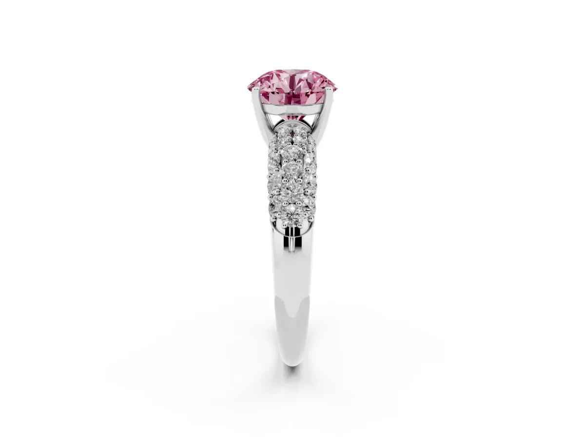 Fancy Pink Round Cut Diamond Pavé Band Solitaire Ring with Four-Prong Setting Silver