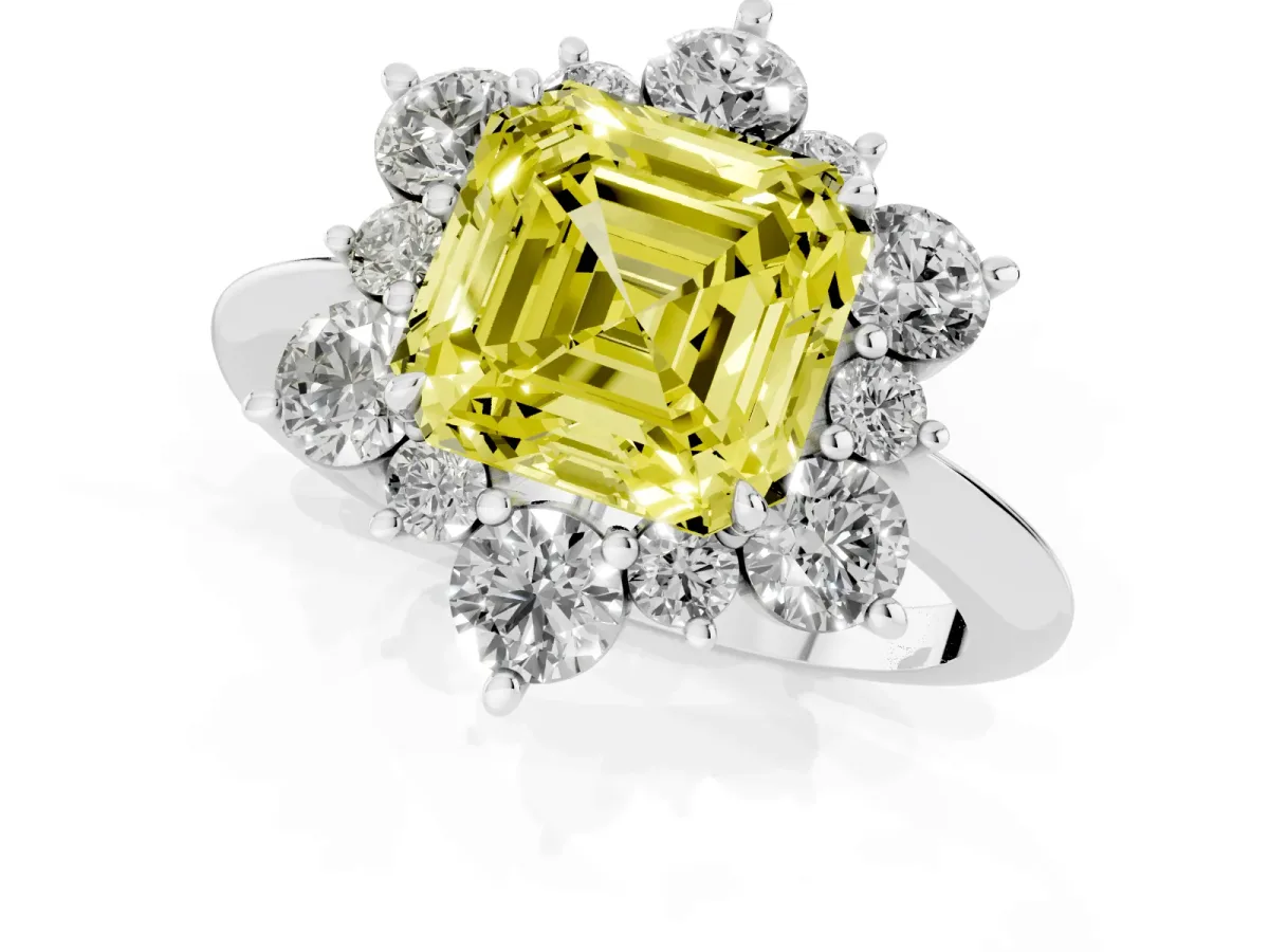 Fancy Yellow Asscher Cut Diamond Cluster Halo Ring with Solitaire Band and Four-Prong Setting White gold