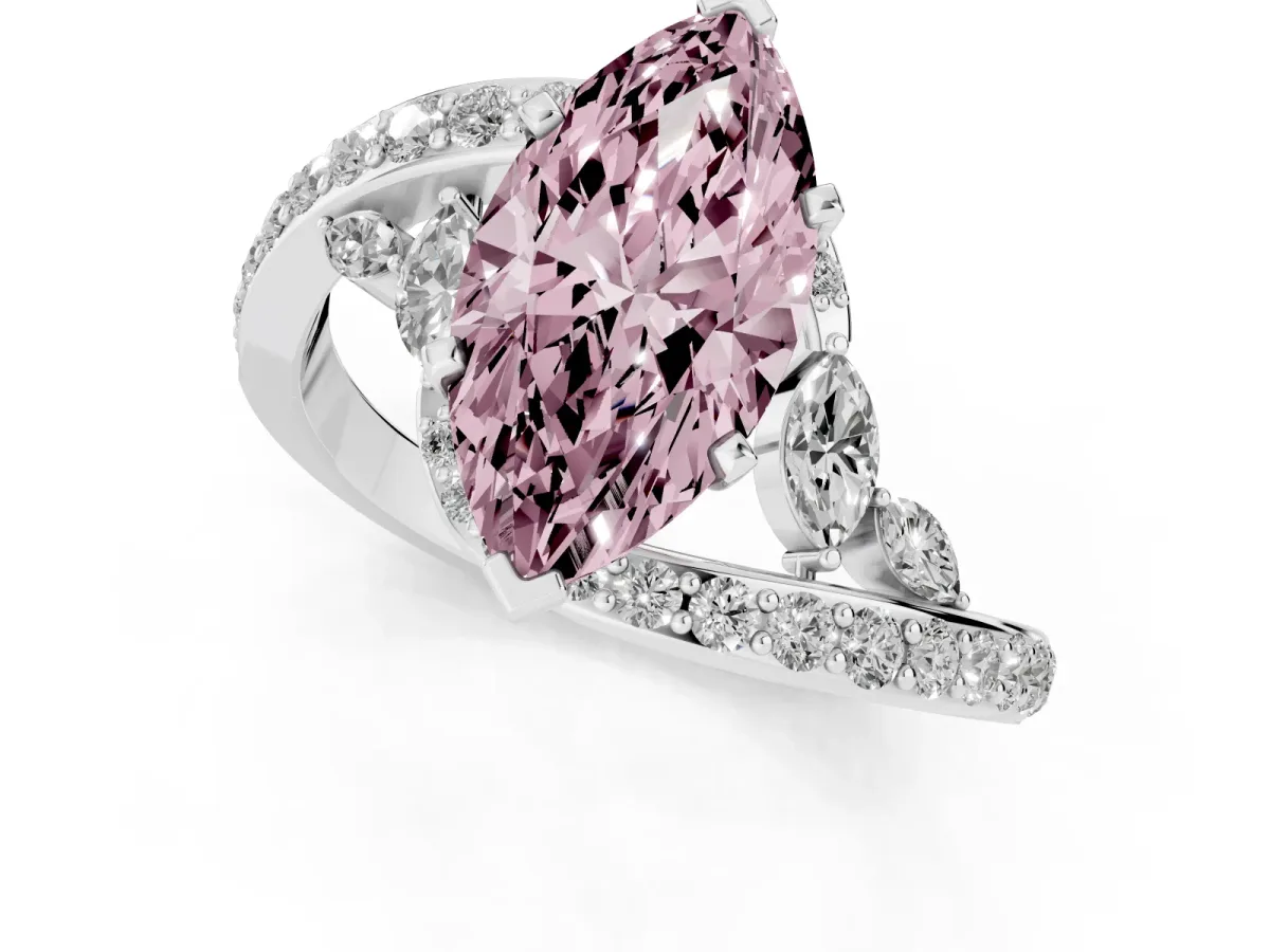 Fancy Pink Marquise Cut Solitaire with Pavé Twist Band and Four-Prong Setting Silver
