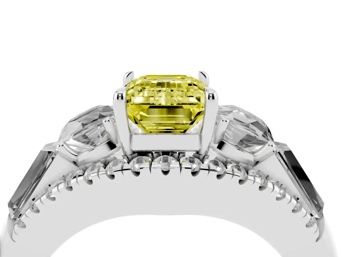 Fancy Yellow Three-Stone Emerald Cut Diamond Engagement Ring with Pave Band and Prong Setting Silver