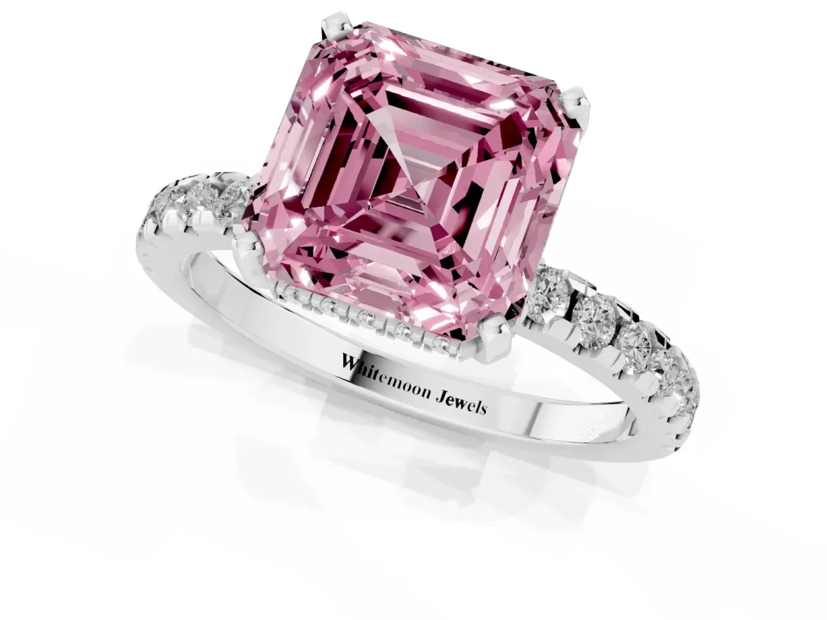 Fancy Pink Asscher Cut Diamond Solitaire Ring with Round Pavé Band and Four-Prong Setting Silver