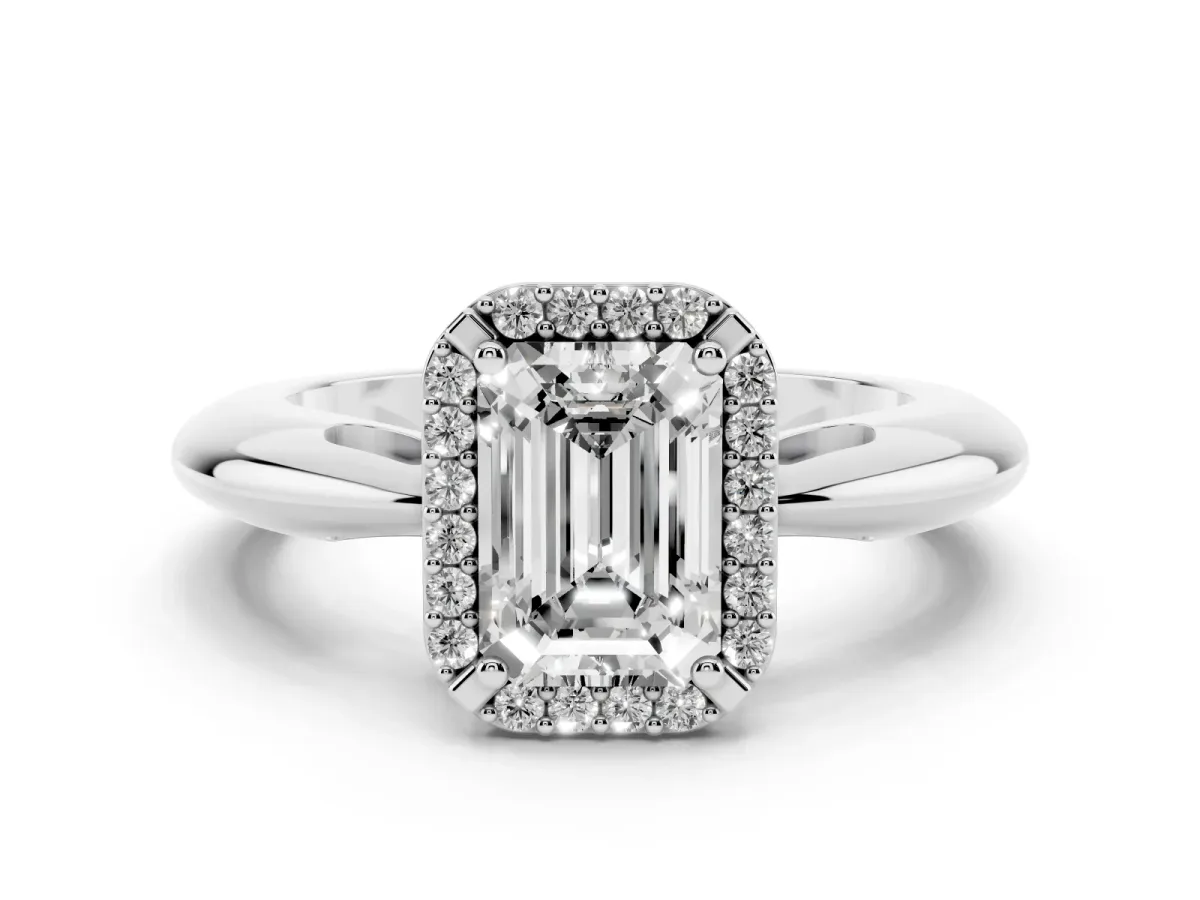 Emerald Cut Cut Diamond Halo Engagement Ring with Split Shank and Four-Prong Setting Silver