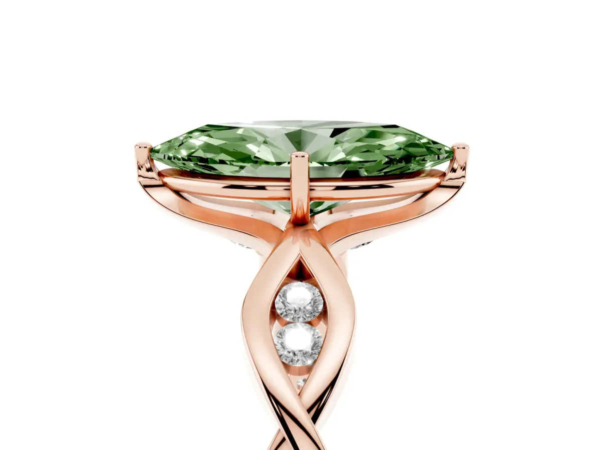 Fancy Green Marquise Cut Solitaire Twist Band with Leaf Prong Setting Rose gold