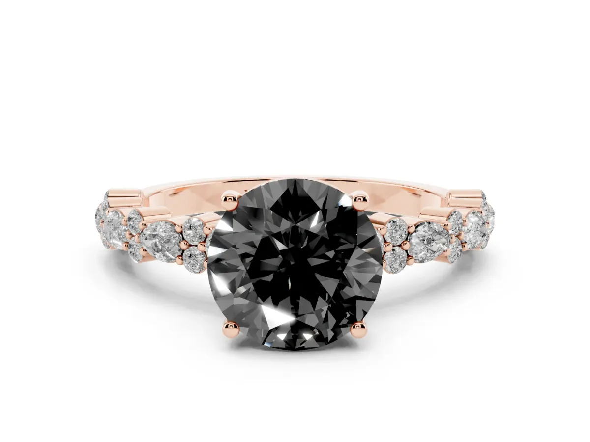 Fancy Black Round Cut Diamond Side Stone Solitaire Ring with Round and Four-Prong Setting Rose gold