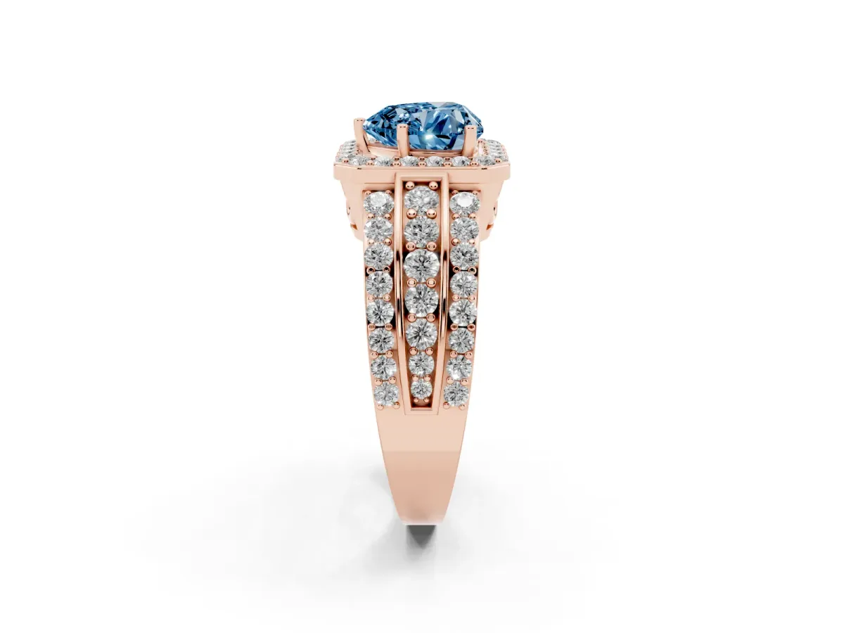 Fancy Blue Heart Cut Halo Diamond Ring with Round Split Shank and Prong Setting Rose gold