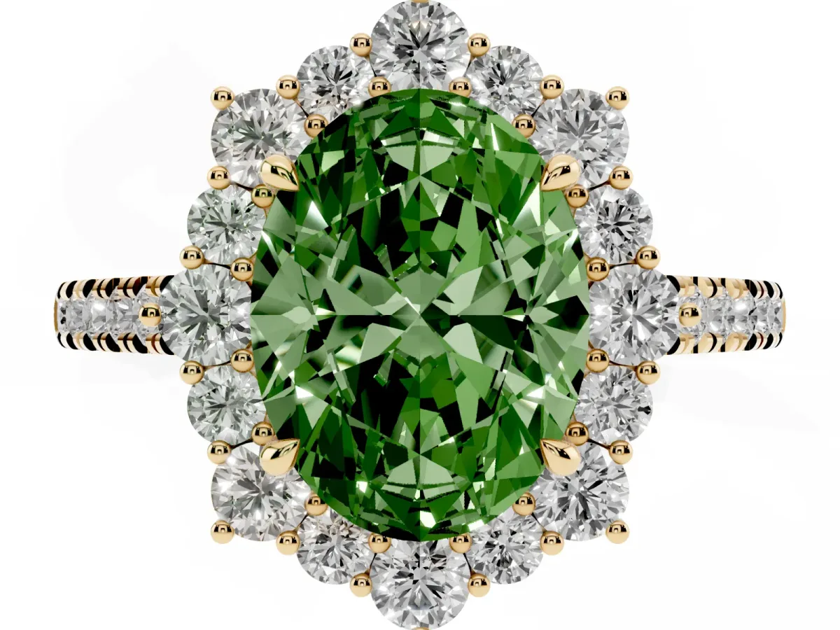 Fancy Green Oval Cut Halo Diamond Ring with Pavé Band and Prong Setting Yellow gold