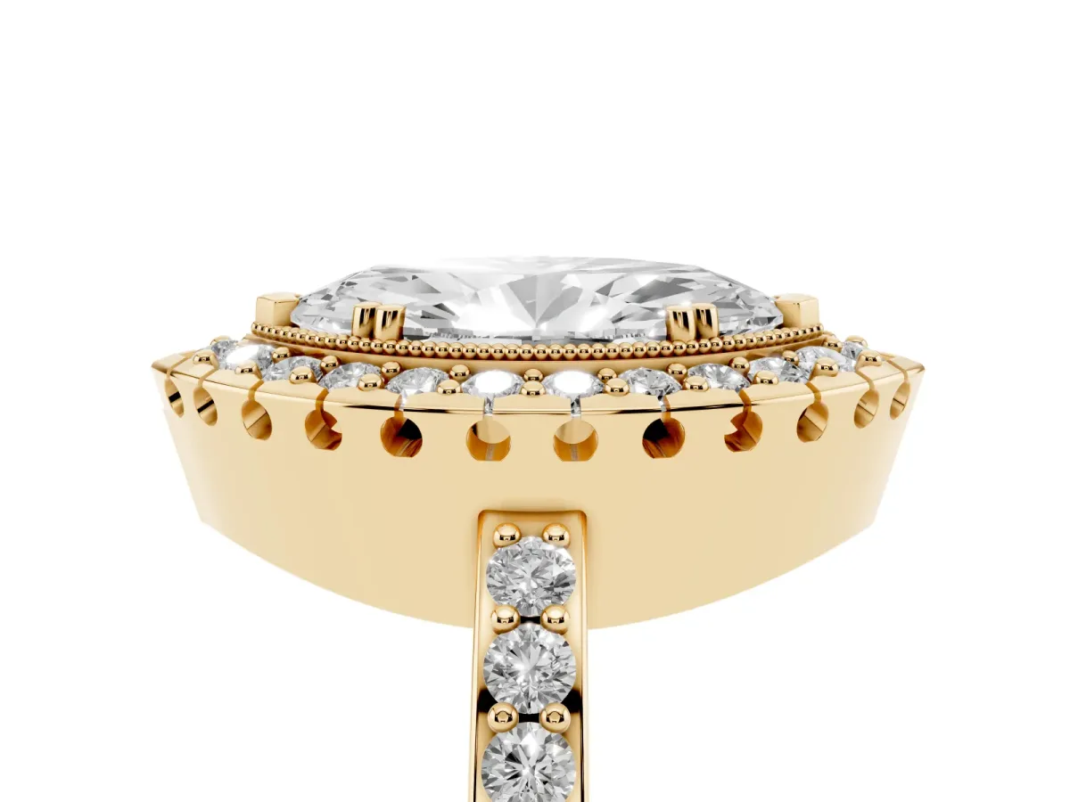 Marquise Cut Diamond Halo Ring with Pavé Band and Prong Setting Yellow gold