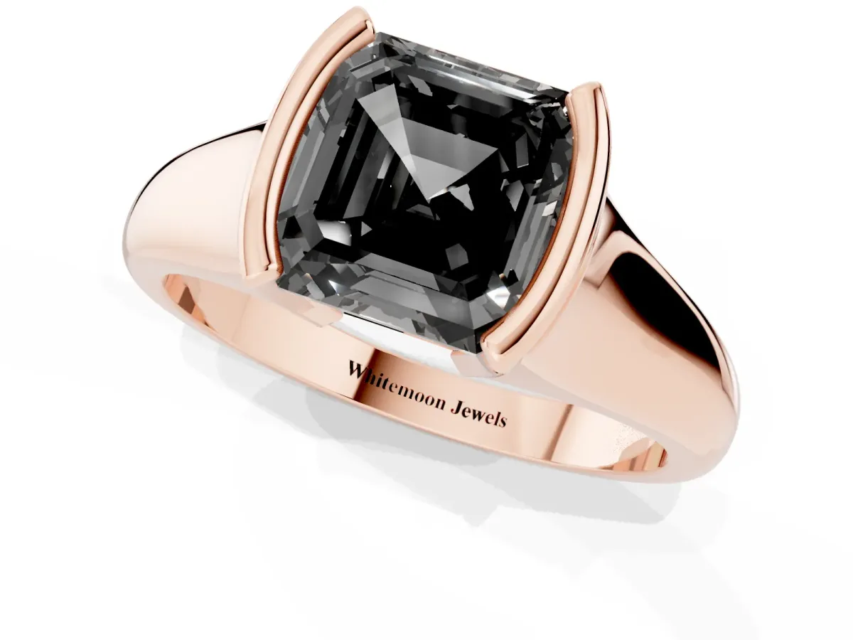 Fancy Black Asscher Cut Solitaire Tension Set Diamond Ring with Split Shank Band Rose gold