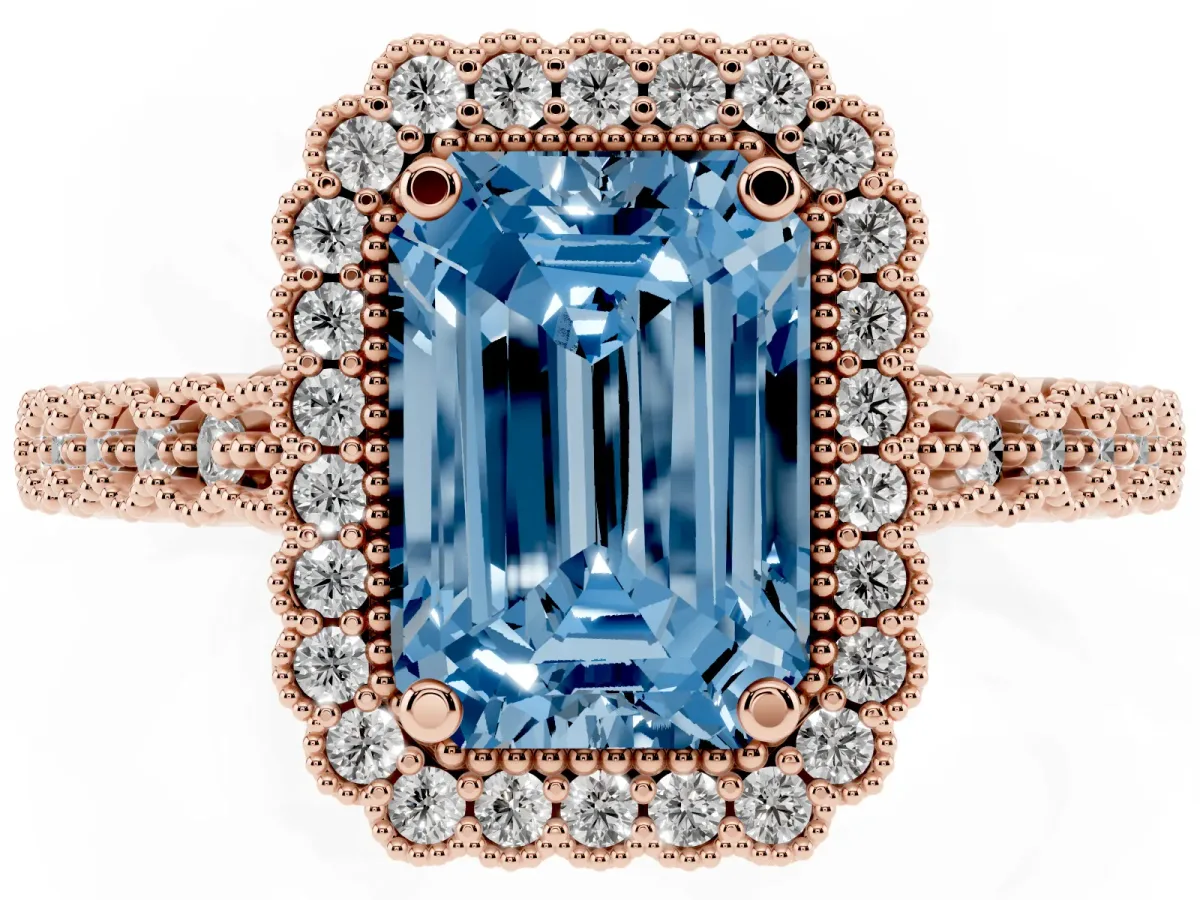 Fancy Blue Emerald Cut Cut Halo Pavé Solitaire Ring with Milgrain Band Rose gold