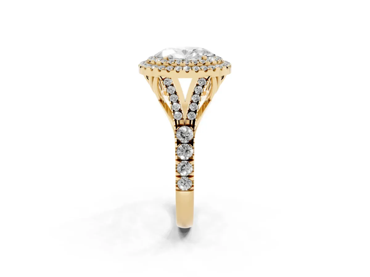 Oval Cut Diamond Pavé Split Shank Double Halo Engagement Ring Yellow gold