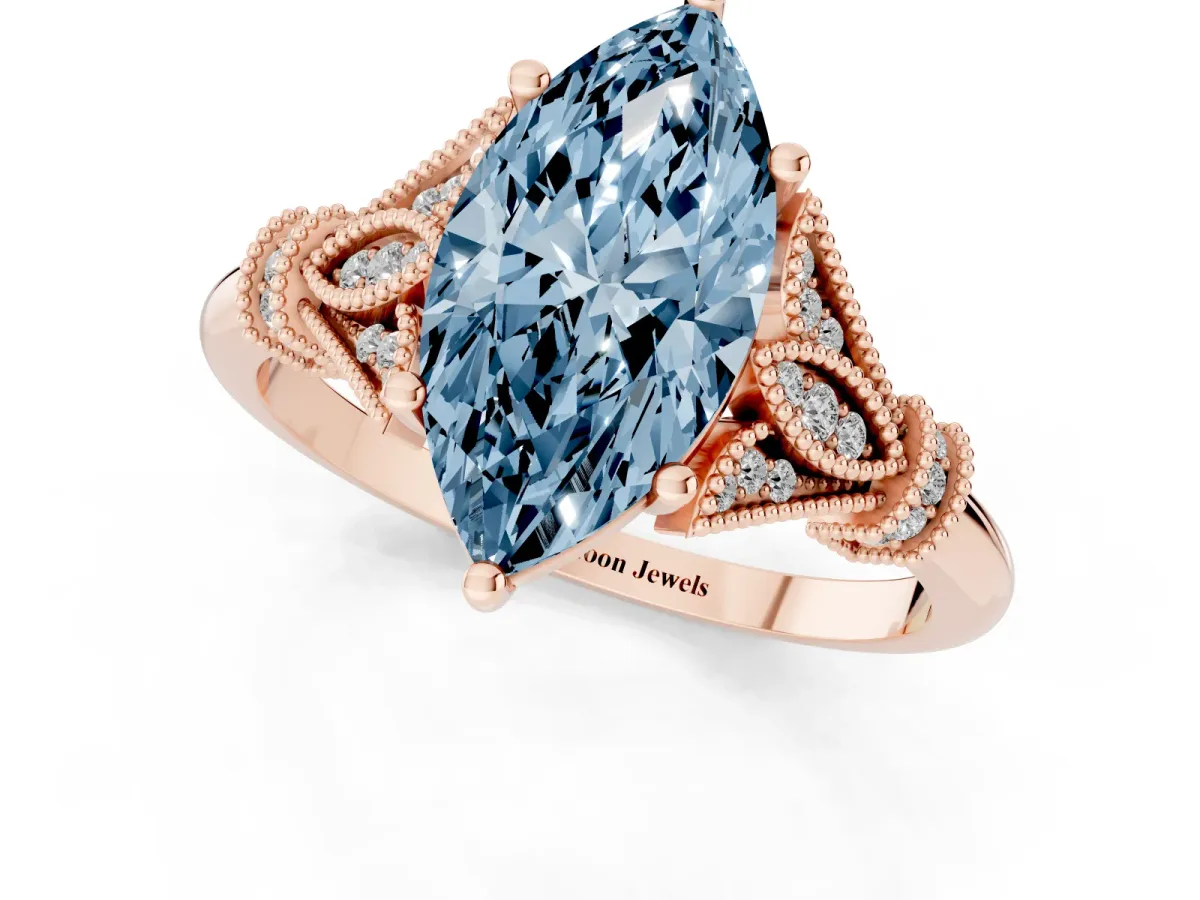 Fancy Blue Marquise Cut Diamond Solitaire Ring with Floral Filigree and Pave Accents Rose gold