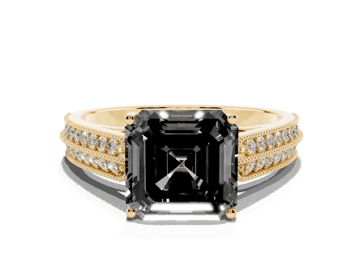 Fancy Black Asscher Cut Cut Pave Split Shank Engagement Ring with Four-Prong Setting Yellow gold