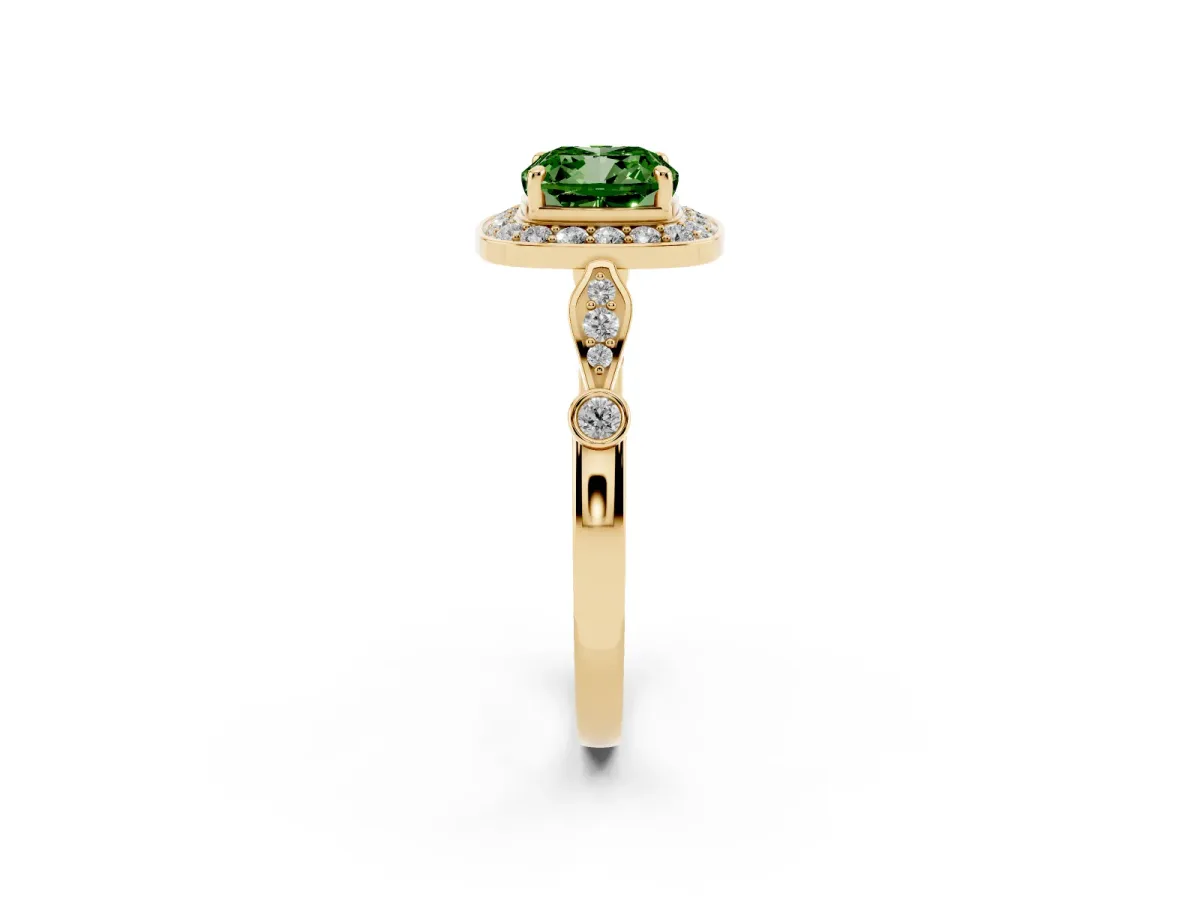 Fancy Green Cushion Cut Halo Diamond Engagement Ring with Twisted Band and Four-Prong Setting Yellow gold
