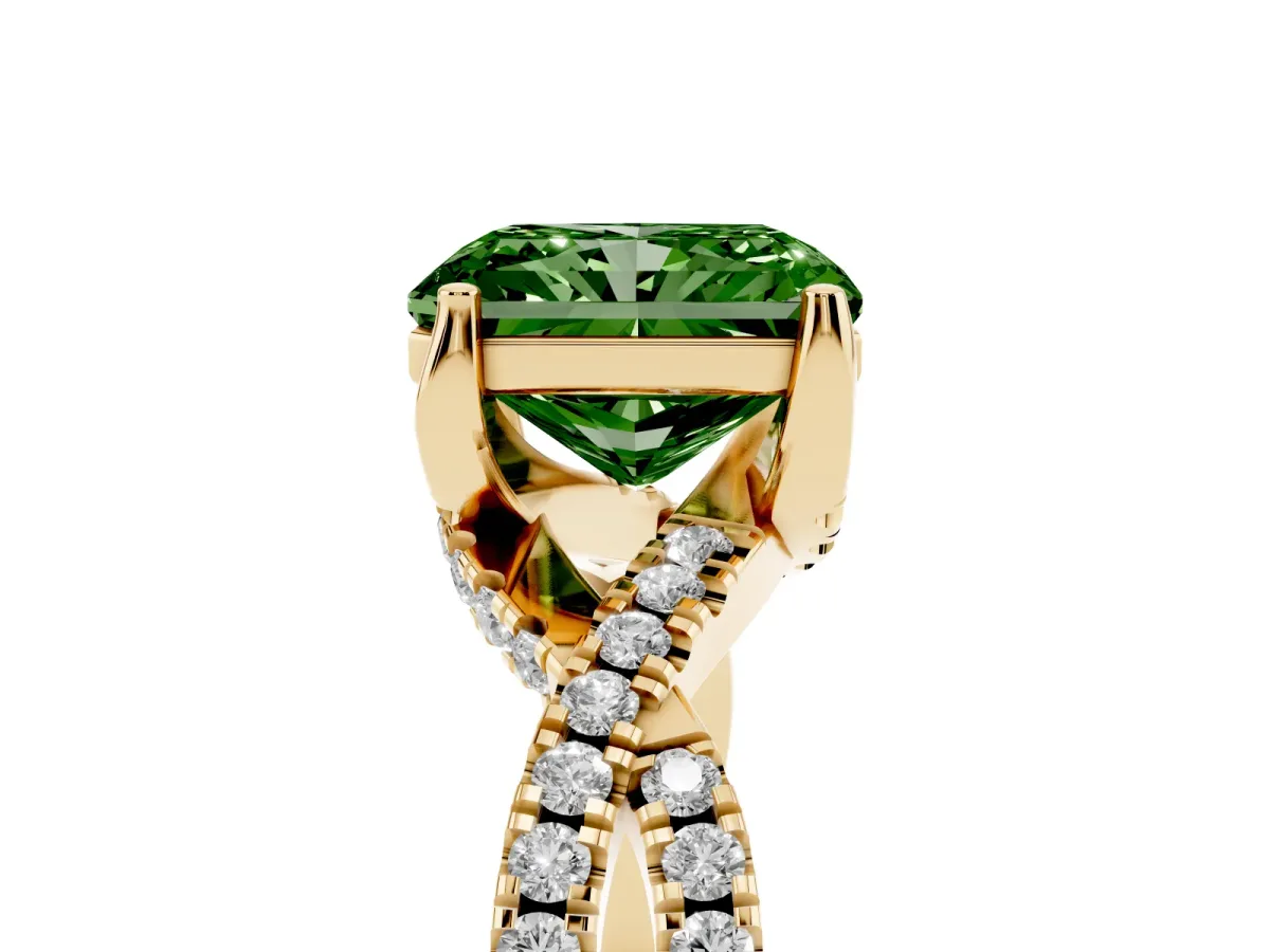 Fancy Green Radiant Cut Solitaire Twist Pave Diamond Engagement Ring with Prong Setting Yellow gold