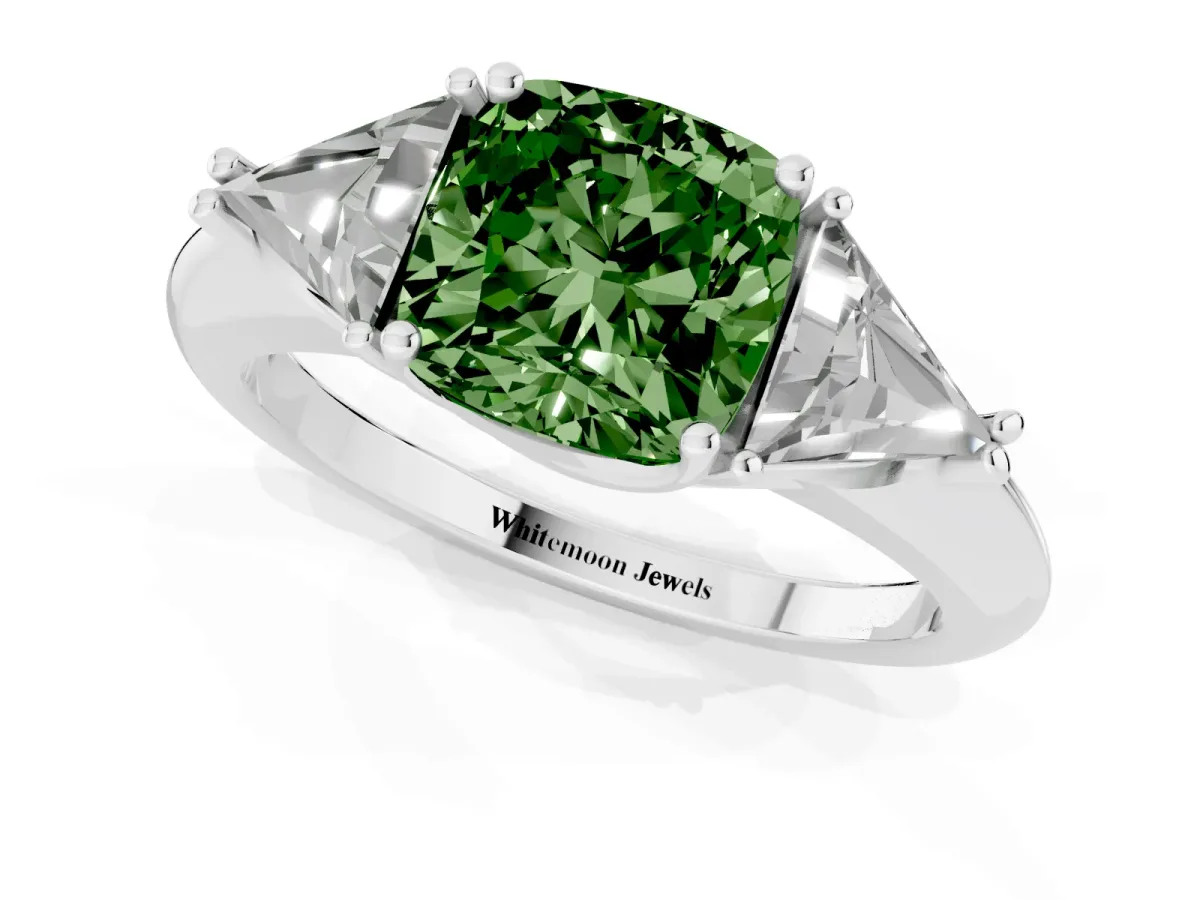 Fancy Green Three-Stone Cushion Cut Diamond Engagement Ring with Trillion Side Stones and Prong Setting Silver