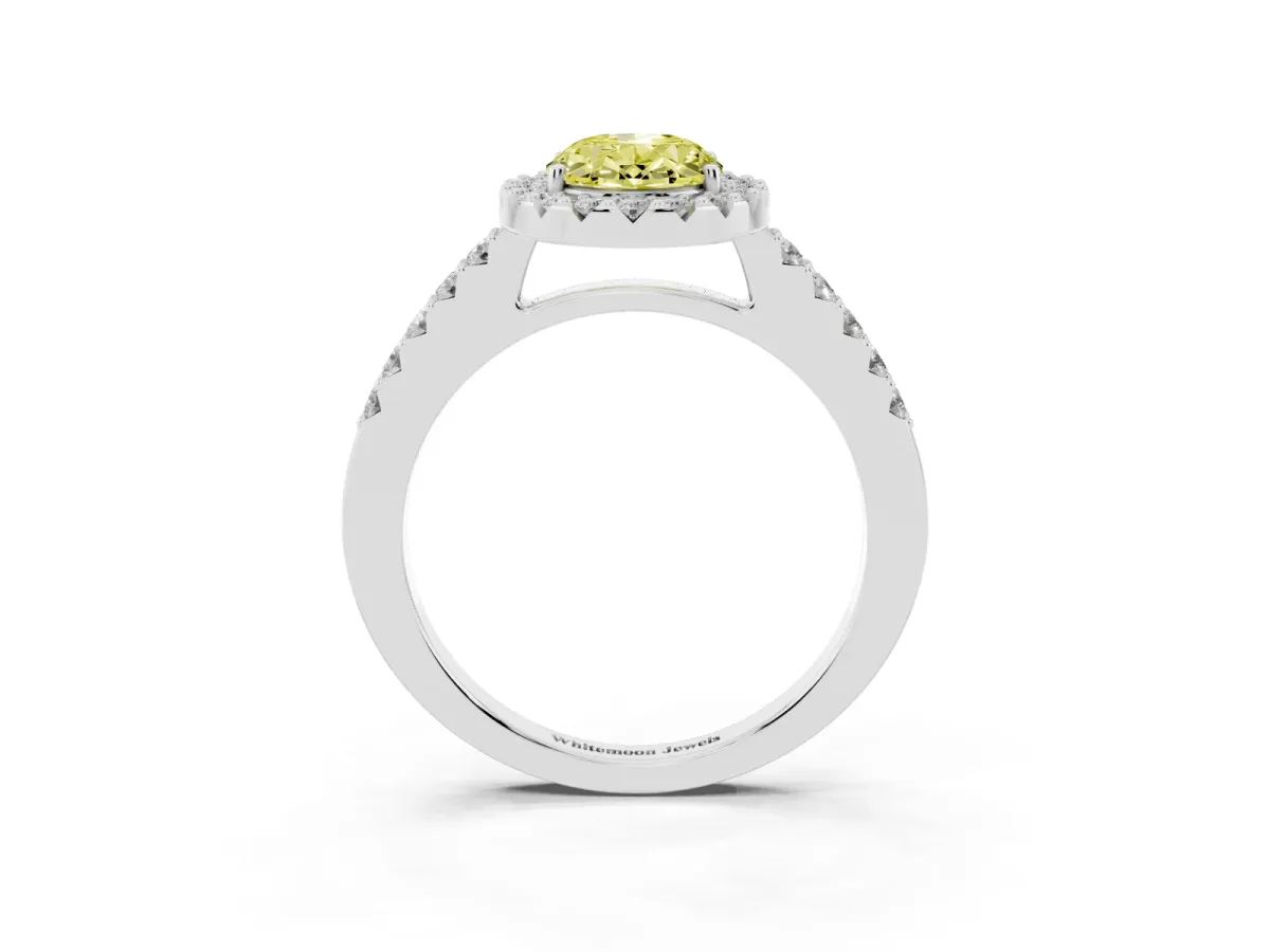 Fancy Yellow Oval Cut Halo Diamond Pavé Solitaire Ring White gold