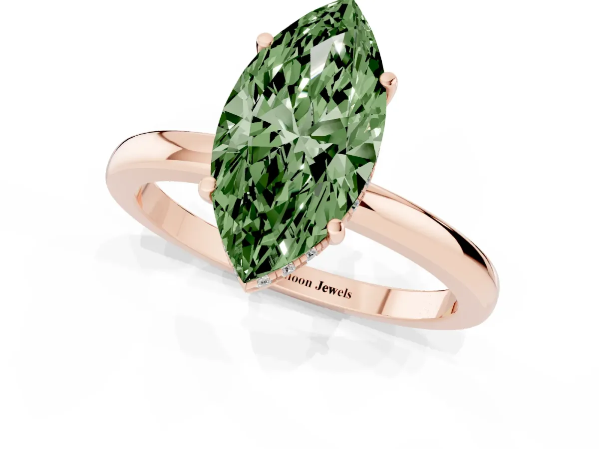 Fancy Green Marquise Cut Solitaire Diamond Ring with Prong Setting and Plain Band Rose gold