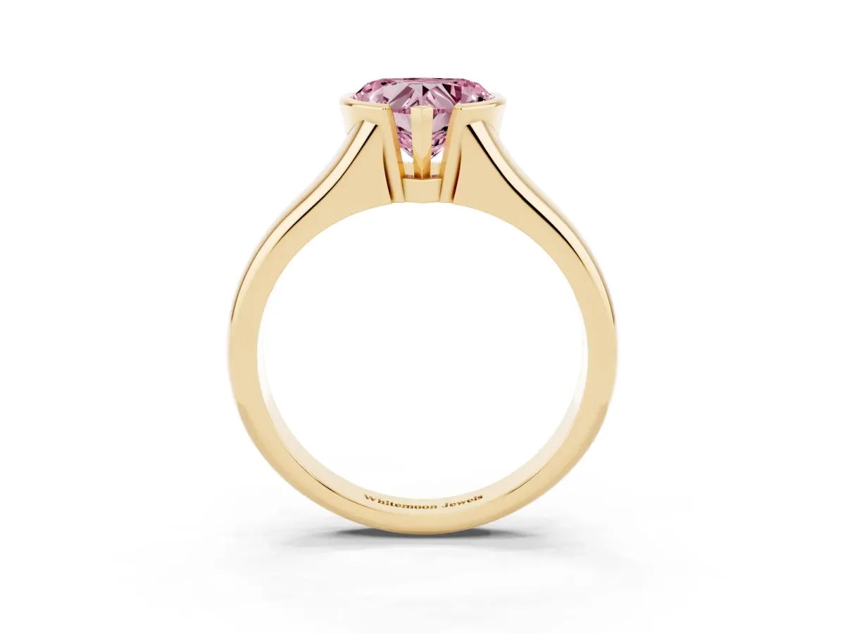 Fancy Pink Heart Cut Solitaire Tension Set Diamond Ring with Split Shank Band Yellow gold