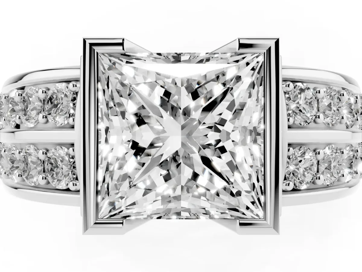 Princess Cut Brilliant Diamond Channel Set Wide Band Ring with Bezel Setting Platinum