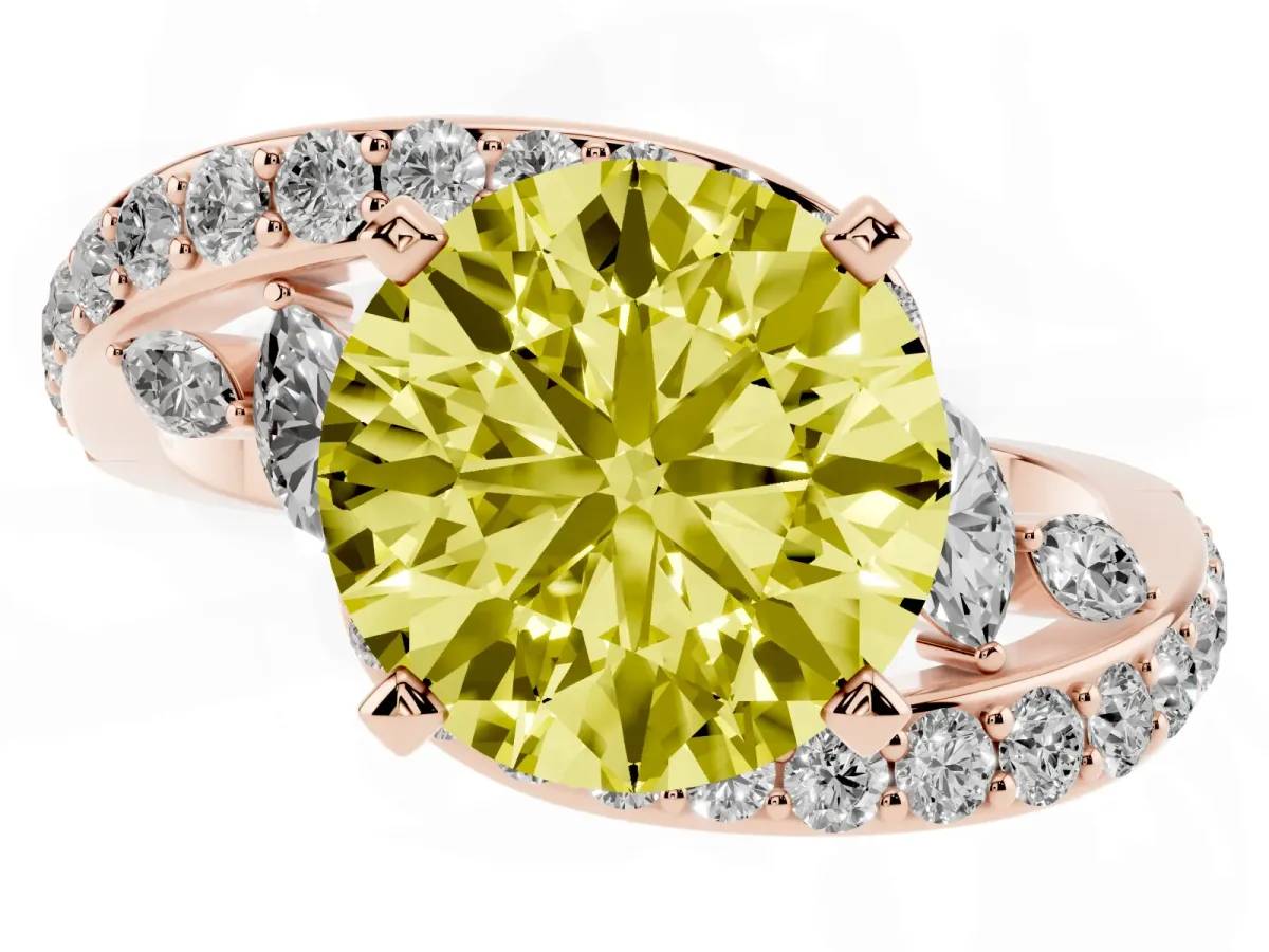 Fancy Yellow Round Cut Solitaire with Pavé Twist Band and Four-Prong Setting Rose gold