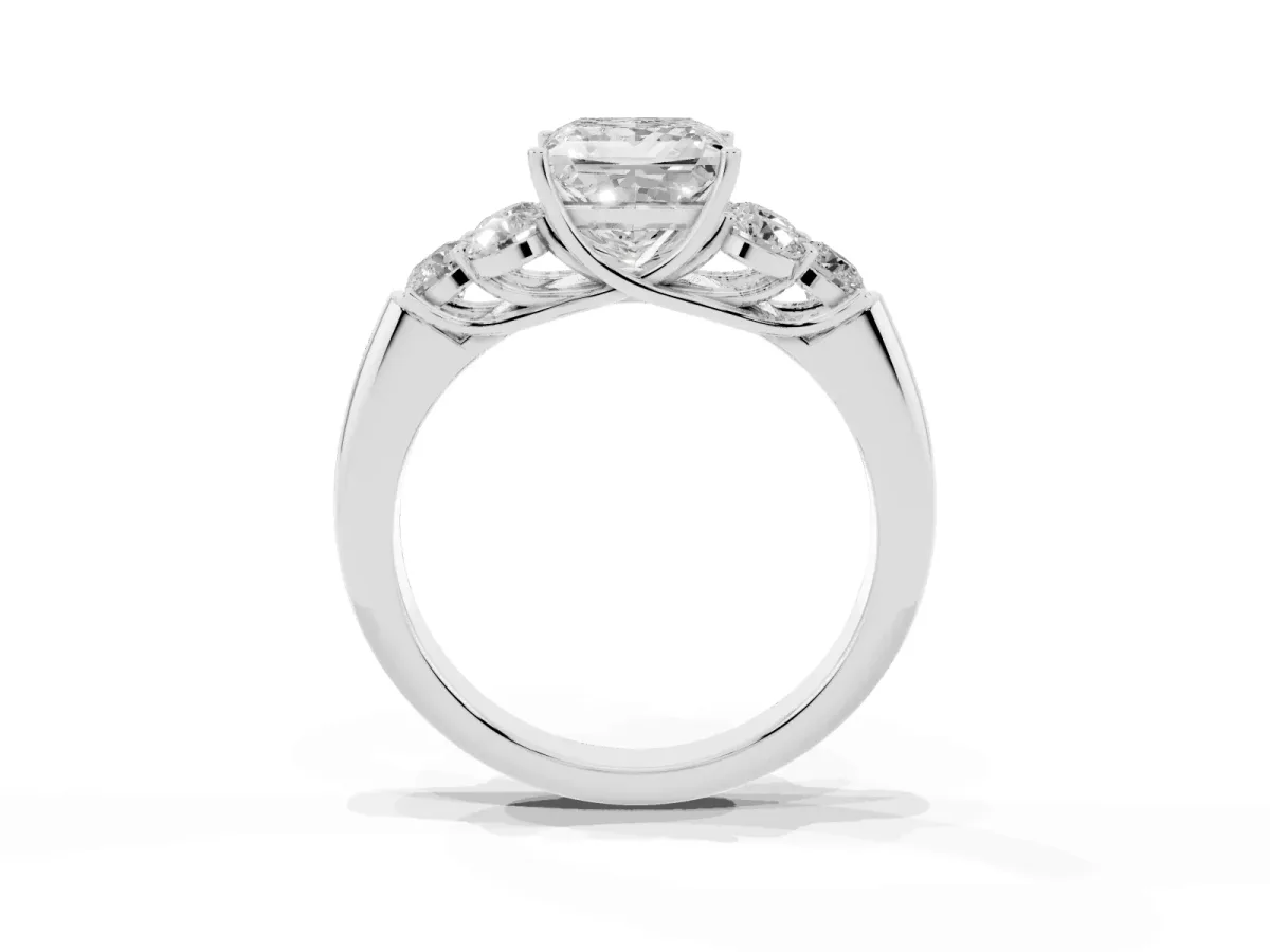 Princess Cut Cut Diamond Cluster Ring with Round Accent Stones and Prong Setting on a Classic Band White gold