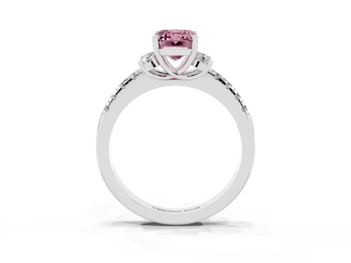 Fancy Pink Emerald Cut Diamond Three-Stone Pave Band with Four-Prong Setting Silver