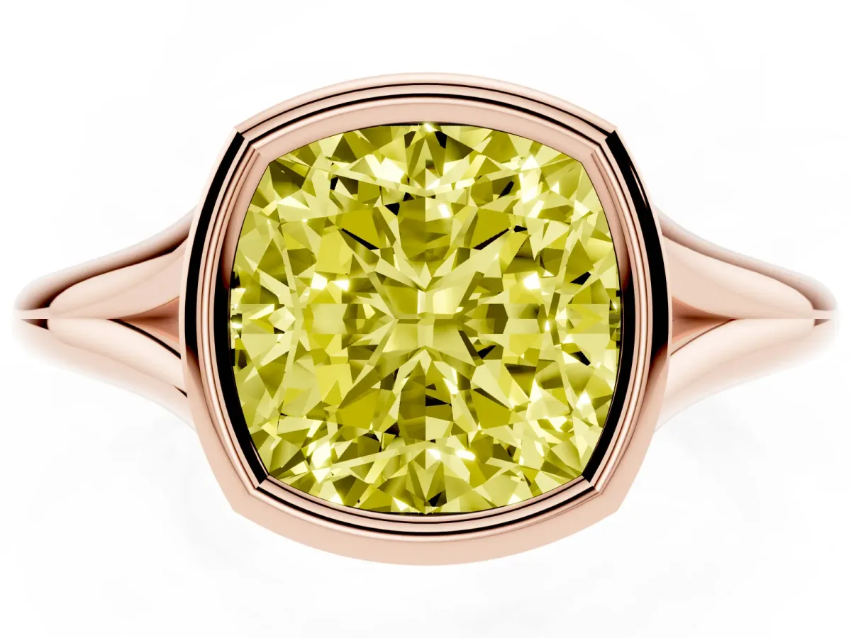Fancy Yellow Bezel Set Cushion Cut Cut Solitaire Ring with Tapered Band Rose gold