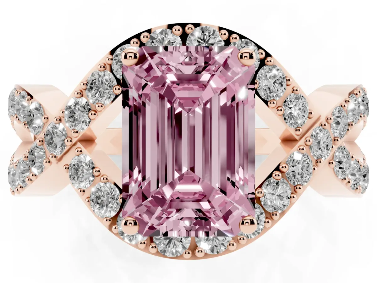 Fancy Pink Emerald Cut Solitaire Twist Band Pavé Diamond Engagement Ring Rose gold